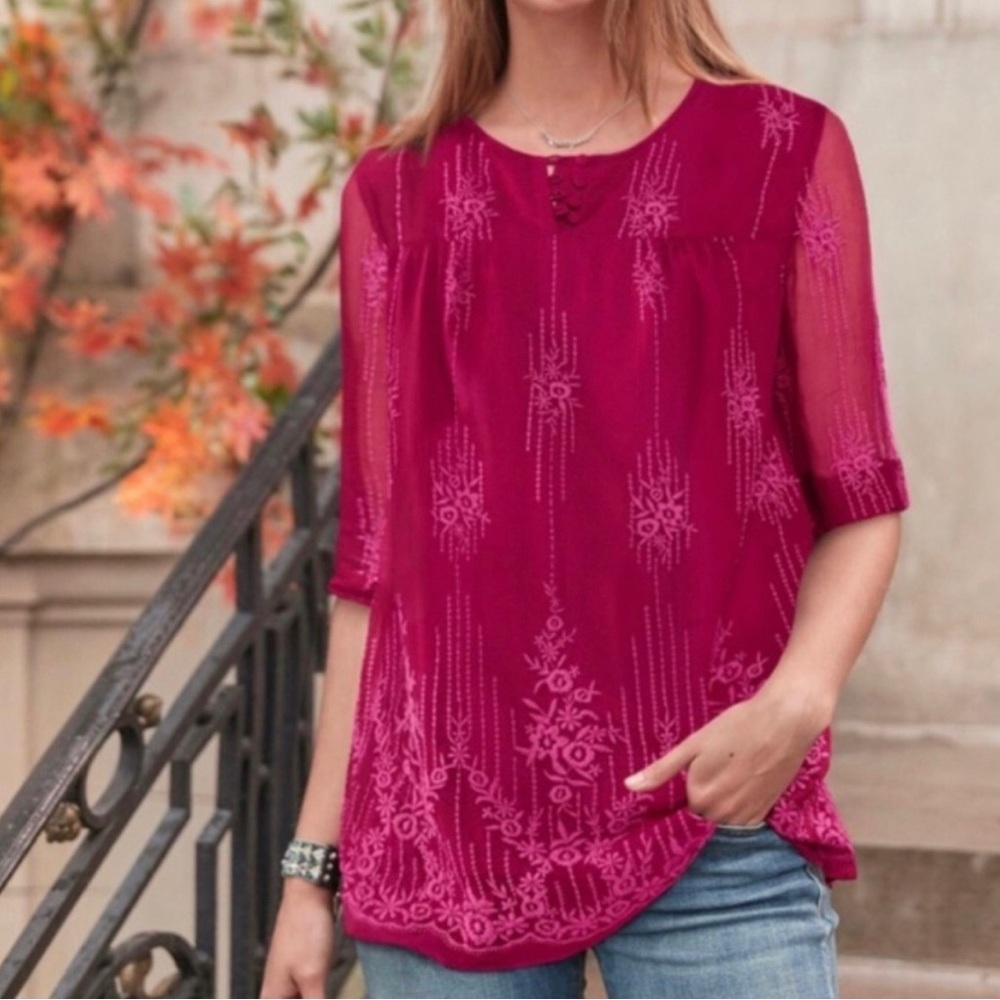 SOLD - Sundance Cora Embroidered Cupro Tunic Top
Wineberry Pink/Red (Large) - Picture 10 of 10